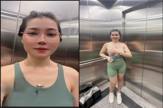 Lan Anh mút kẹo trong thang máy